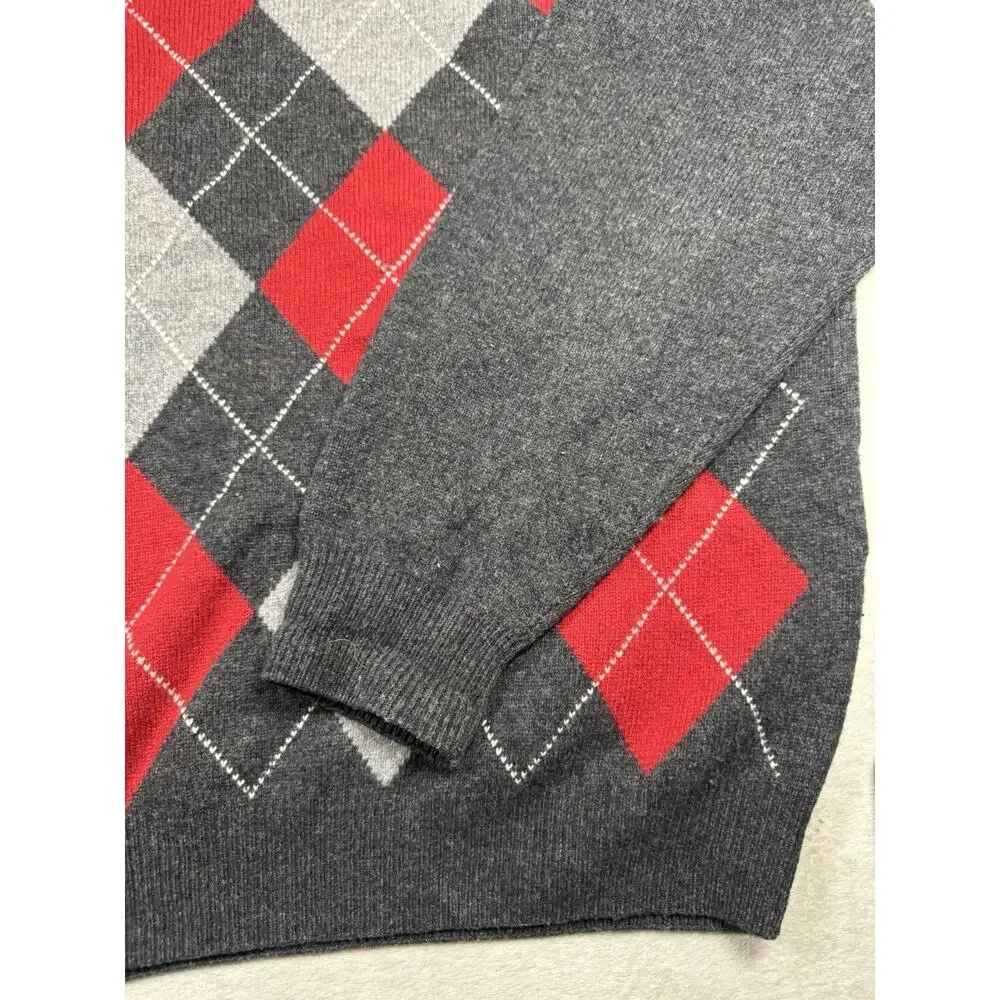 Jos A Bank Mens L Lambswool Blend Argyle Sweater Gray Red Crewneck
